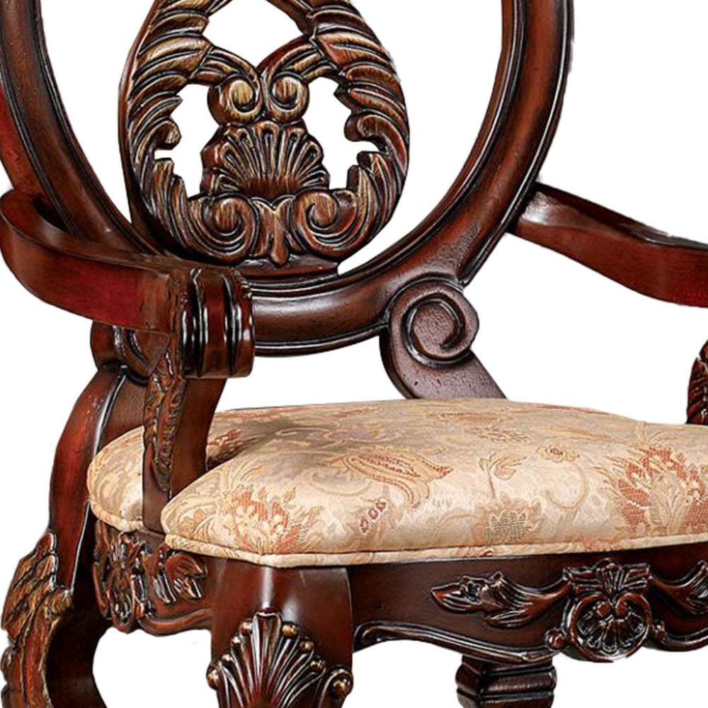 Benjara 28 Inch Dining Side Chair Set of 2, Brown Wood Carved Back, Beige Fabric