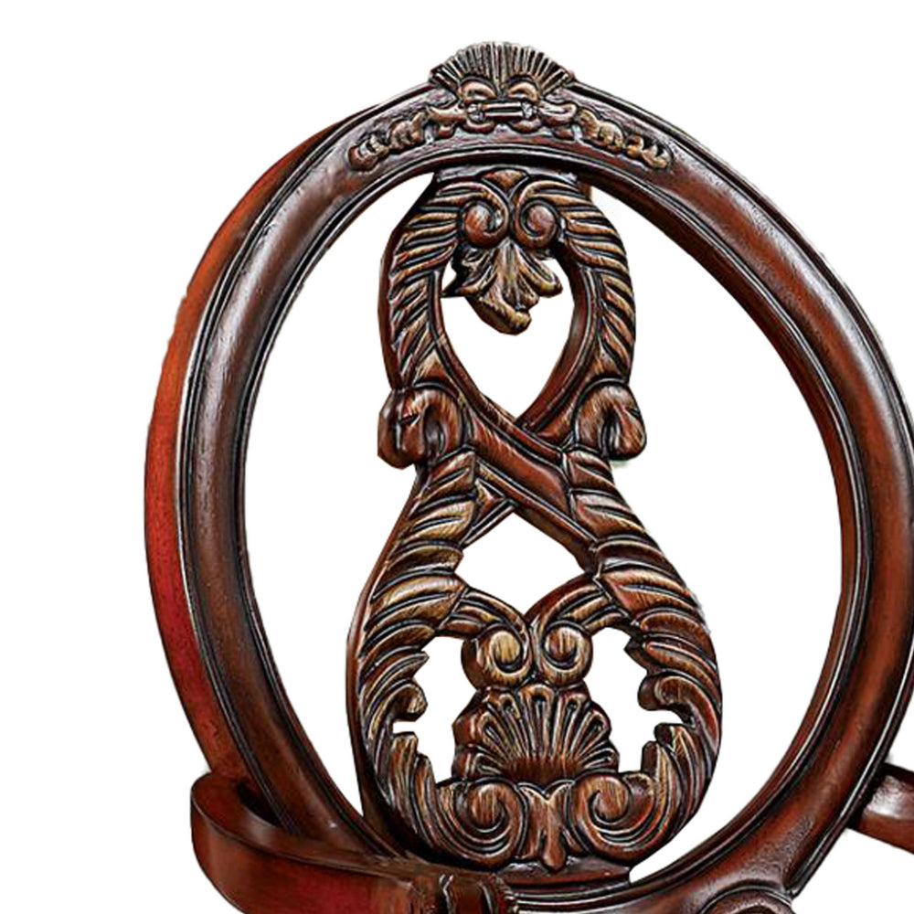 Benjara 28 Inch Dining Side Chair Set of 2, Brown Wood Carved Back, Beige Fabric
