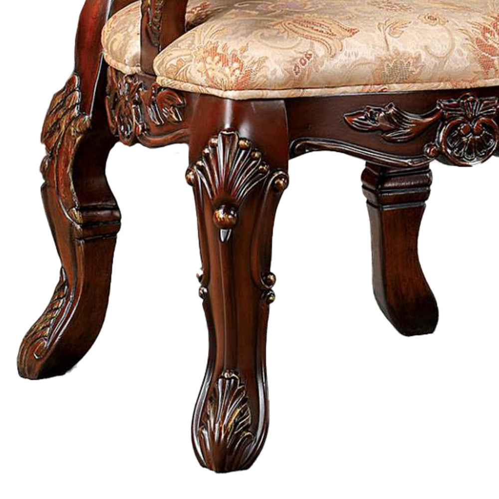 Benjara 28 Inch Dining Side Chair Set of 2, Brown Wood Carved Back, Beige Fabric