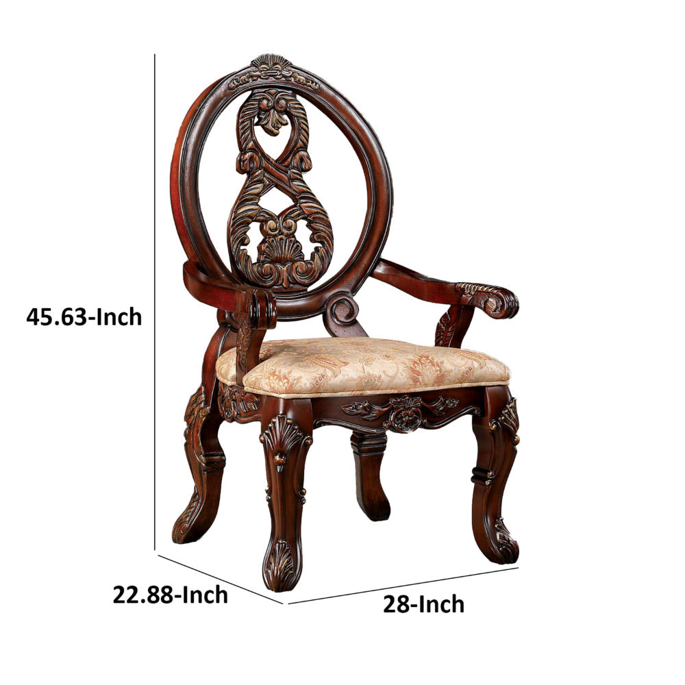 Benjara 28 Inch Dining Side Chair Set of 2, Brown Wood Carved Back, Beige Fabric