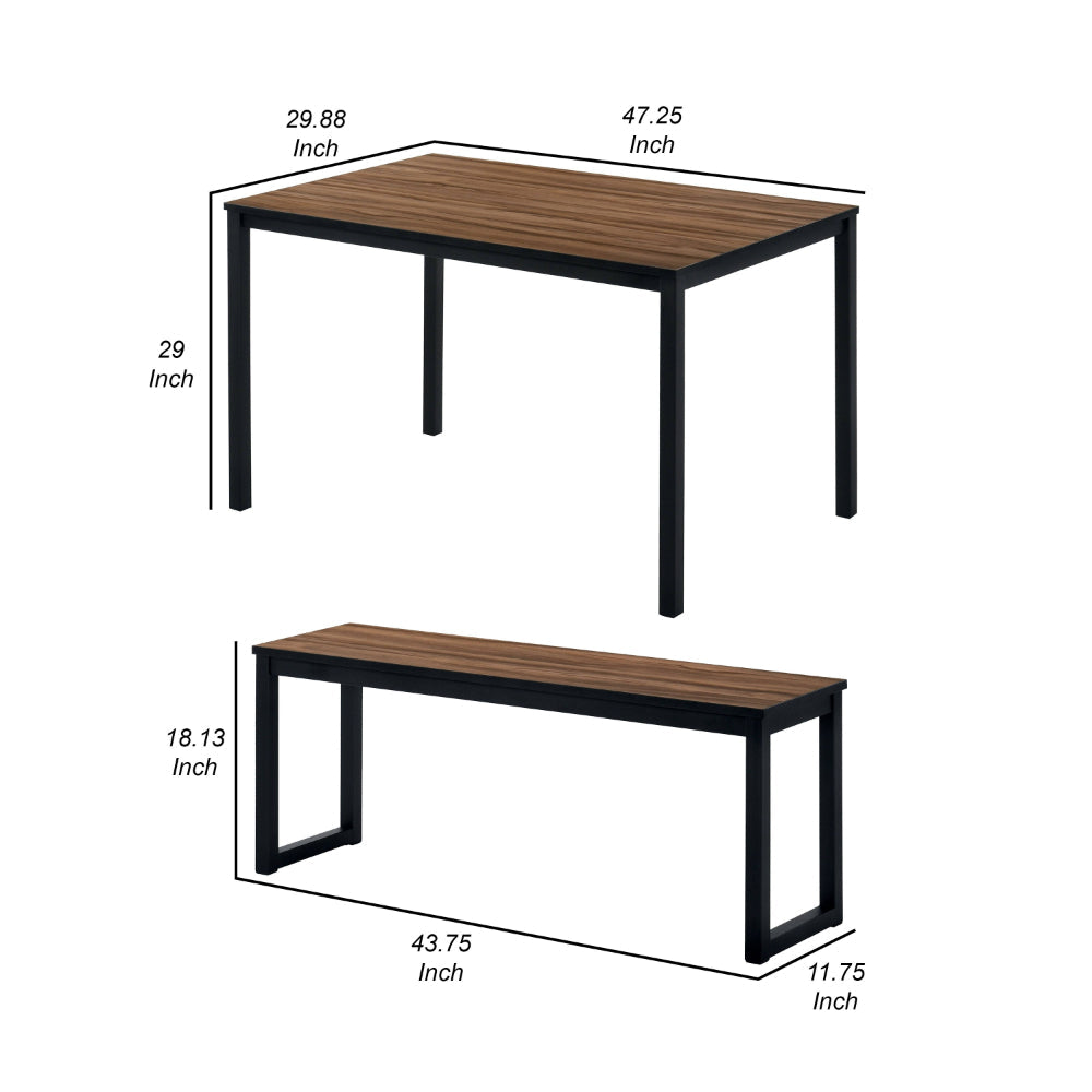 Benjara 3 Piece Dining Table Set, 2 Benches, Brown Wood Grain Top, Black Metal