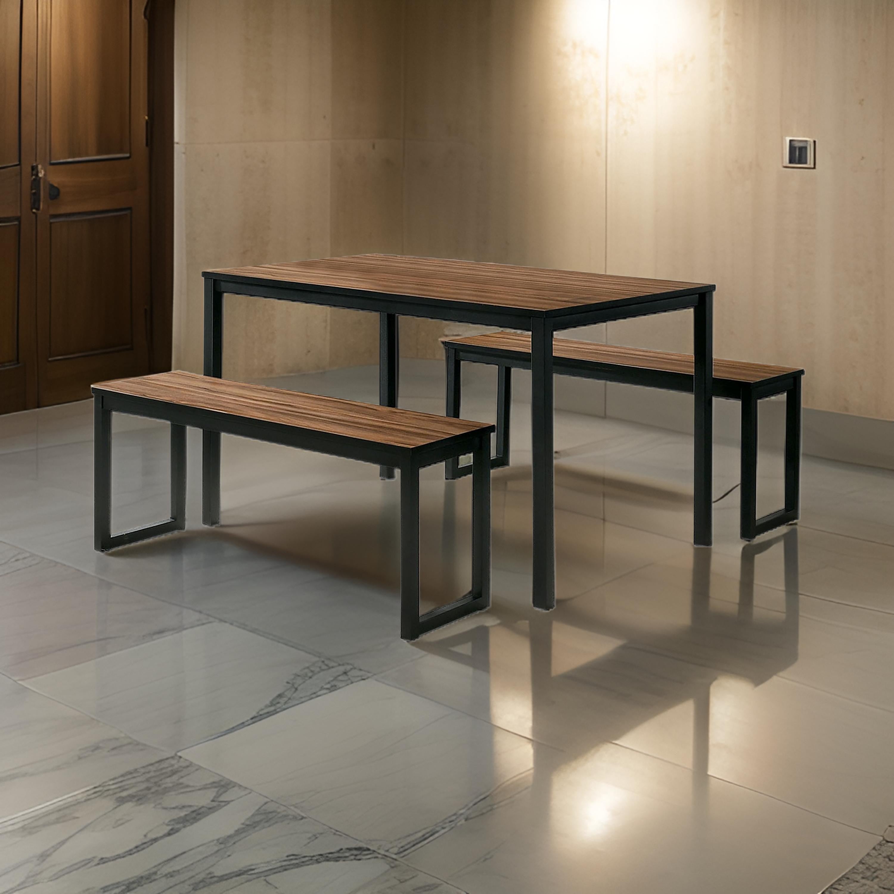 Benjara 3 Piece Dining Table Set, 2 Benches, Brown Wood Grain Top, Black Metal