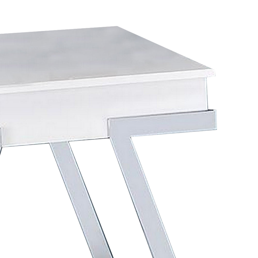 Benjara Tius 26 Inch Side End Table, Open Shelf, Chrome, High Gloss White Finish