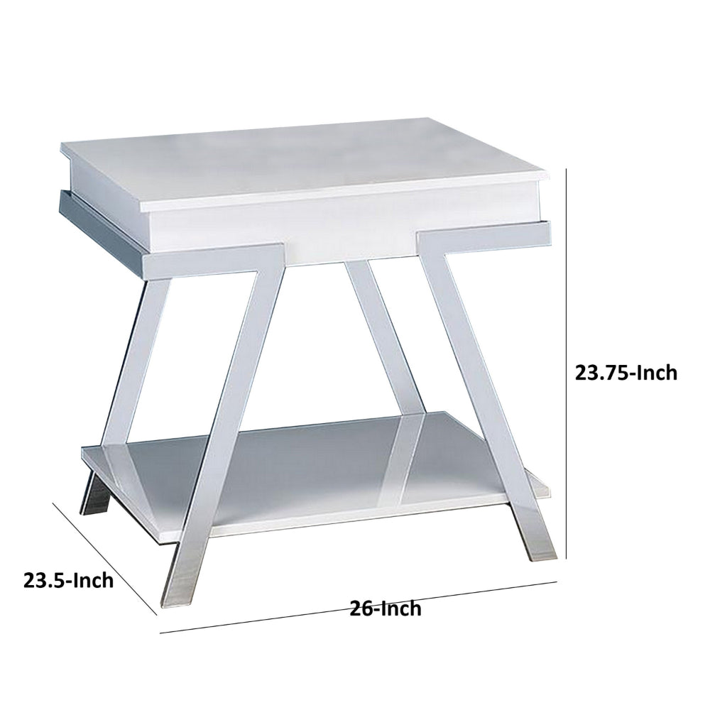 Benjara Tius 26 Inch Side End Table, Open Shelf, Chrome, High Gloss White Finish