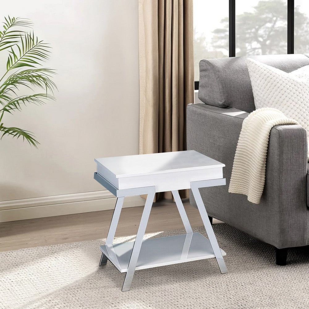 Benjara Tius 26 Inch Side End Table, Open Shelf, Chrome, High Gloss White Finish