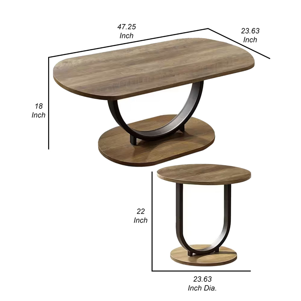 Benjara Obin 3 Piece Coffee And End Table Set, Brown MDF, Black U Shape Steel Base