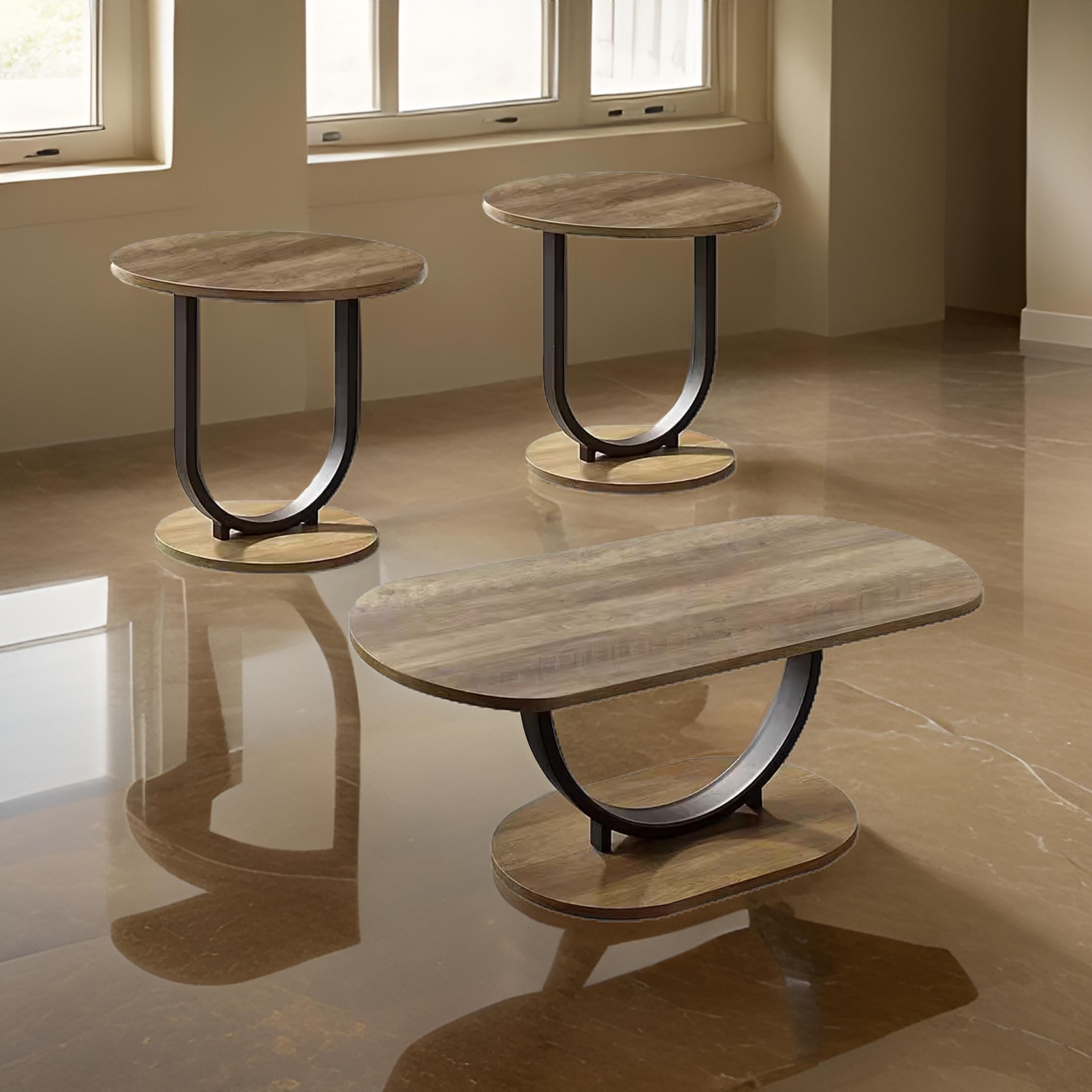 Benjara Obin 3 Piece Coffee And End Table Set, Brown MDF, Black U Shape Steel Base
