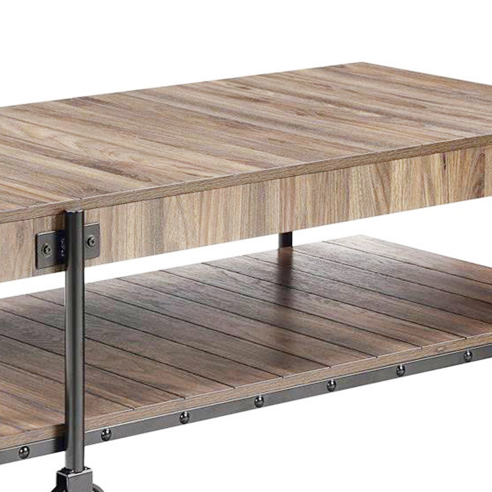 Benjara Loak 47 Inch Coffee Table, Brown Plank Top, Bottom Shelf, Wheels, Black