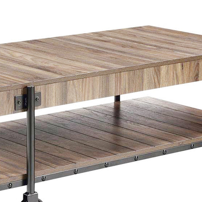 Benjara Loak 47 Inch Coffee Table, Brown Plank Top, Bottom Shelf, Wheels, Black