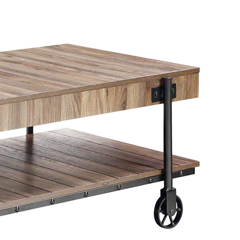 Benjara Loak 47 Inch Coffee Table, Brown Plank Top, Bottom Shelf, Wheels, Black