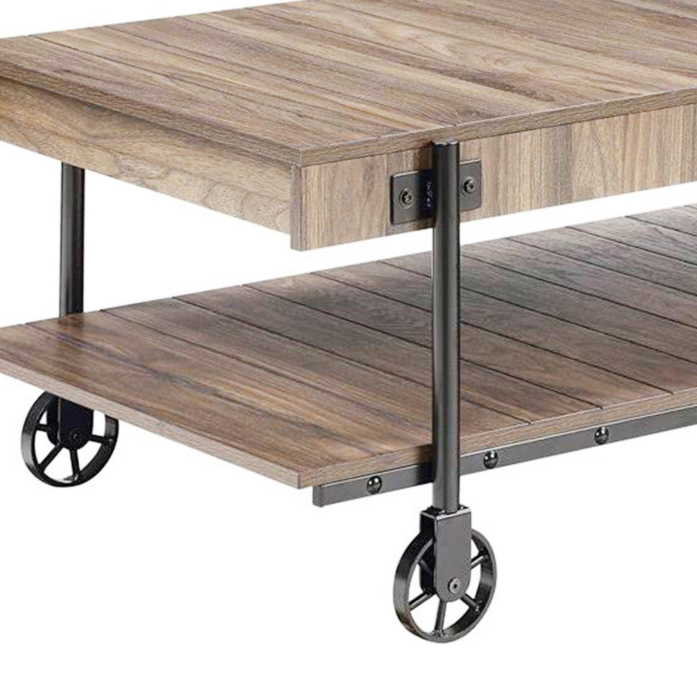 Benjara Loak 47 Inch Coffee Table, Brown Plank Top, Bottom Shelf, Wheels, Black