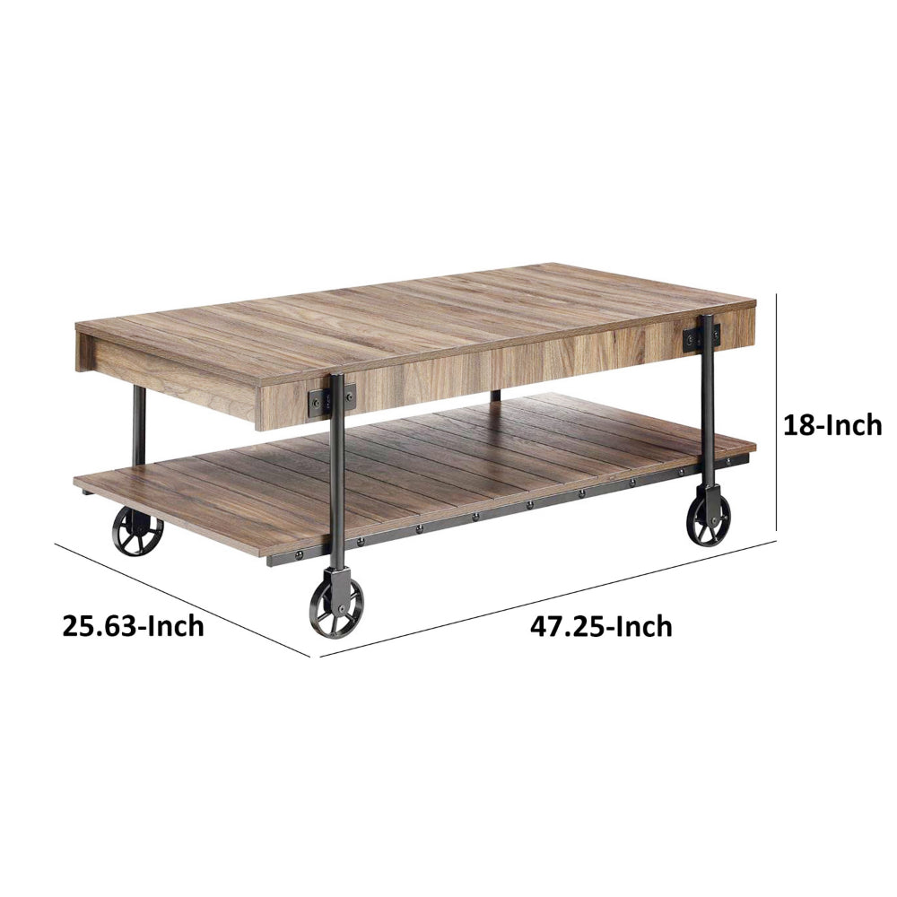 Benjara Loak 47 Inch Coffee Table, Brown Plank Top, Bottom Shelf, Wheels, Black