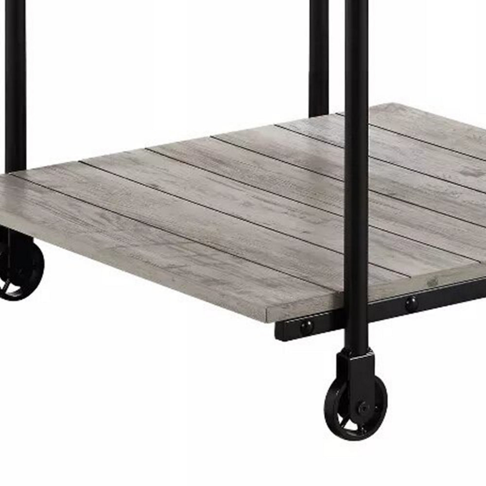 Benjara Loak 24 Inch Side End Table, Plank Design, Caster Wheels, Brown, Black