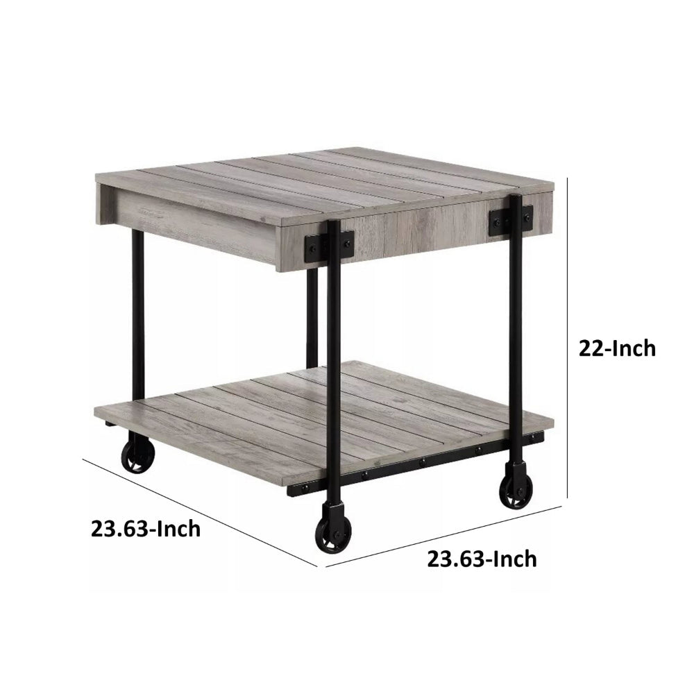 Benjara Loak 24 Inch Side End Table, Plank Design, Caster Wheels, Brown, Black