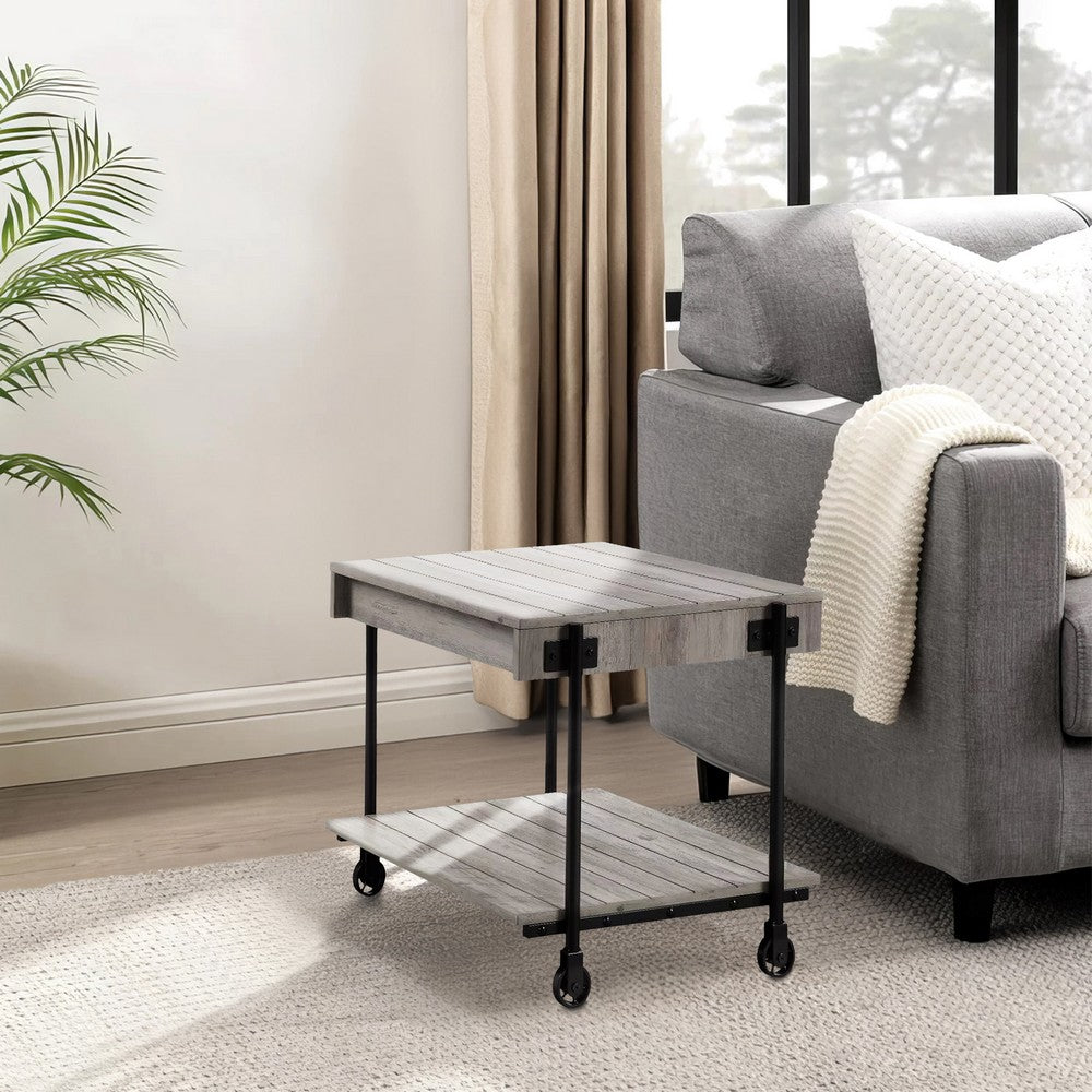 Benjara Loak 24 Inch Side End Table, Plank Design, Caster Wheels, Brown, Black