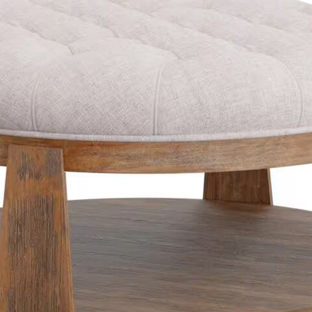 Benjara Gus 41 Inch Ottoman Coffee Table, Button Tufted Beige Fabric, Brown Wood