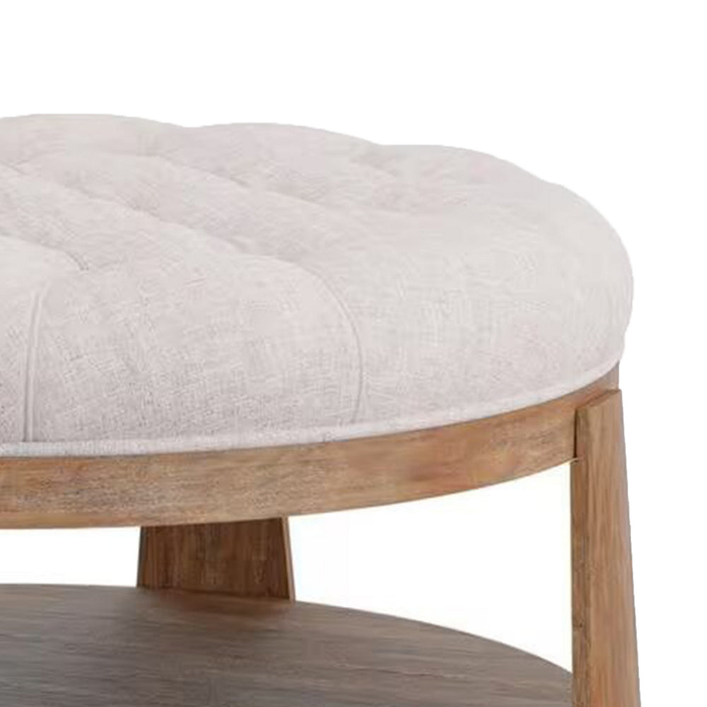 Benjara Gus 41 Inch Ottoman Coffee Table, Button Tufted Beige Fabric, Brown Wood