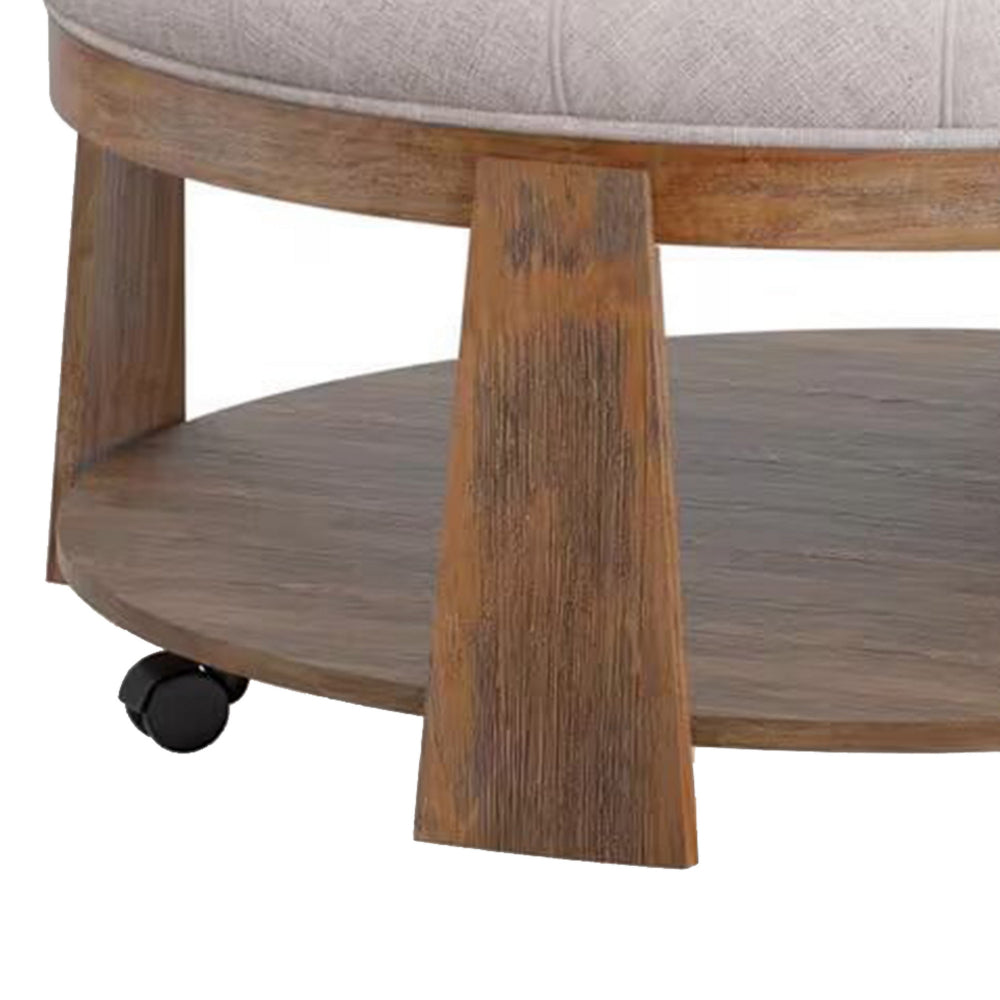 Benjara Gus 41 Inch Ottoman Coffee Table, Button Tufted Beige Fabric, Brown Wood
