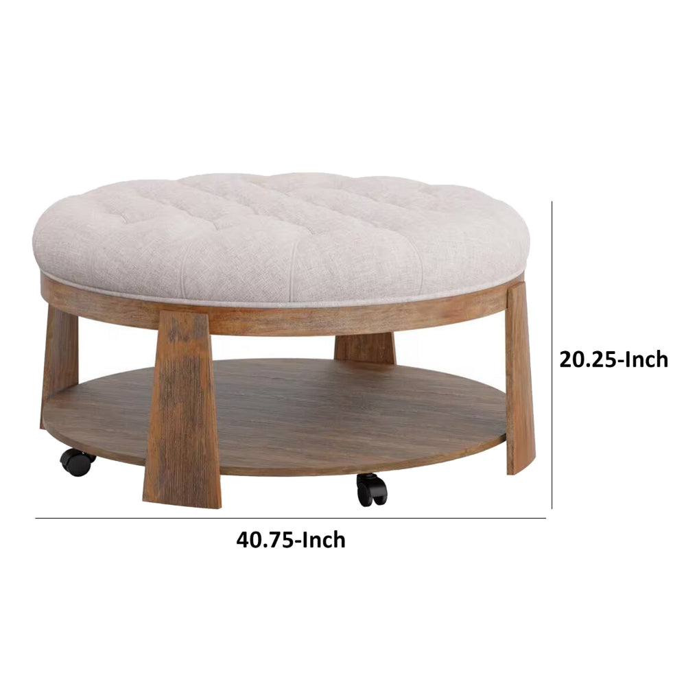 Benjara Gus 41 Inch Ottoman Coffee Table, Button Tufted Beige Fabric, Brown Wood