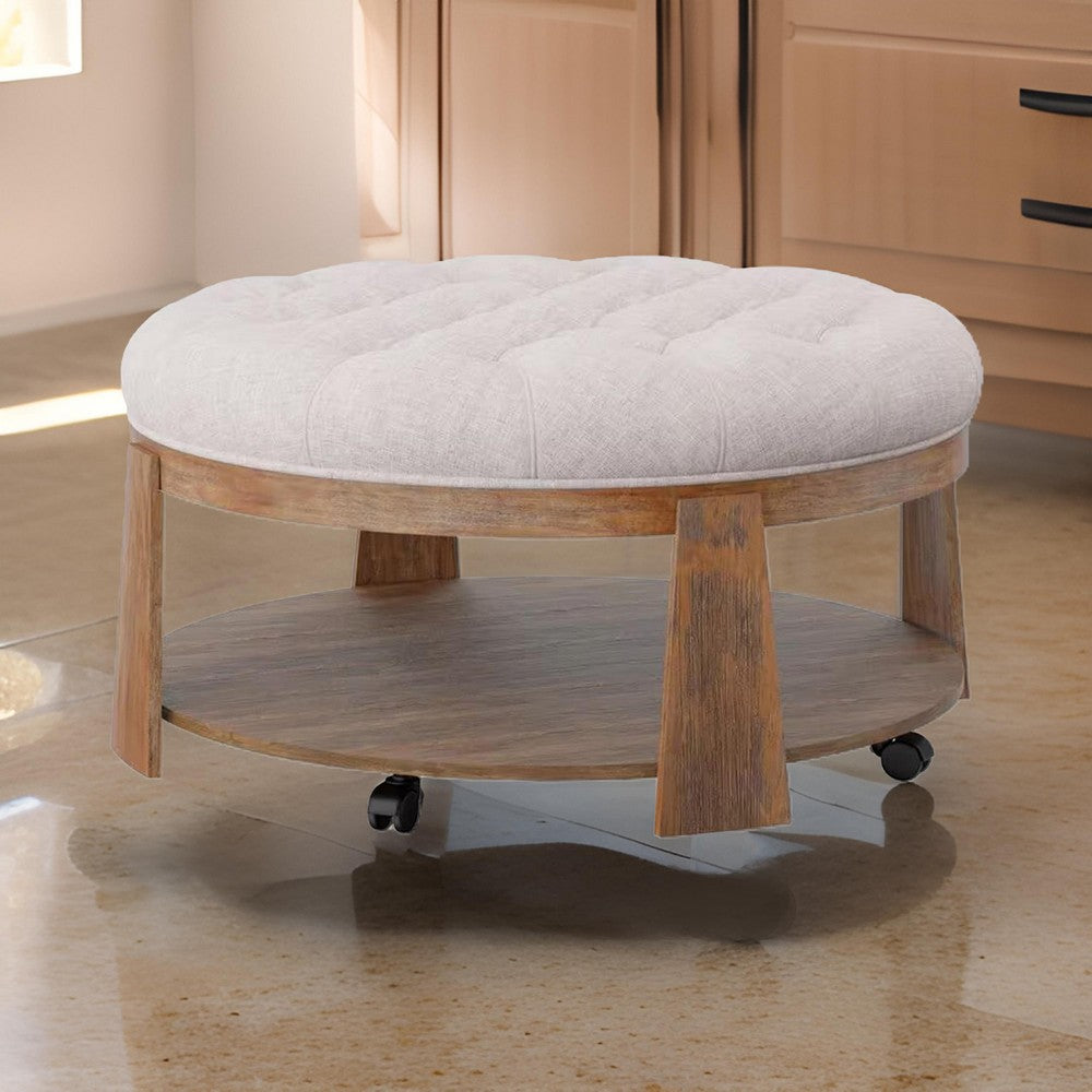 Benjara Gus 41 Inch Ottoman Coffee Table, Button Tufted Beige Fabric, Brown Wood