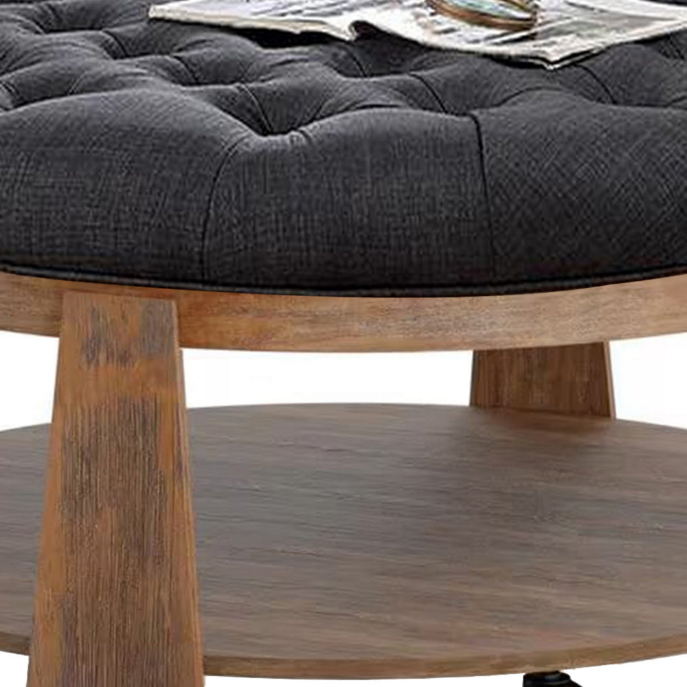 Benjara Gus 41 Inch Ottoman Coffee Table, Button Tufted Gray Fabric, Brown Wood