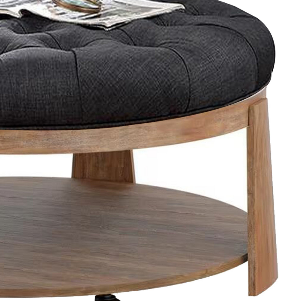 Benjara Gus 41 Inch Ottoman Coffee Table, Button Tufted Gray Fabric, Brown Wood