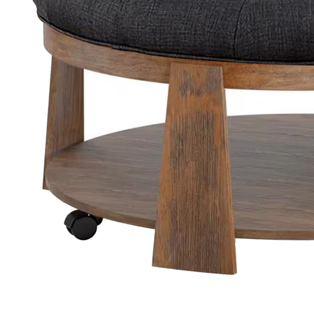 Benjara Gus 41 Inch Ottoman Coffee Table, Button Tufted Gray Fabric, Brown Wood