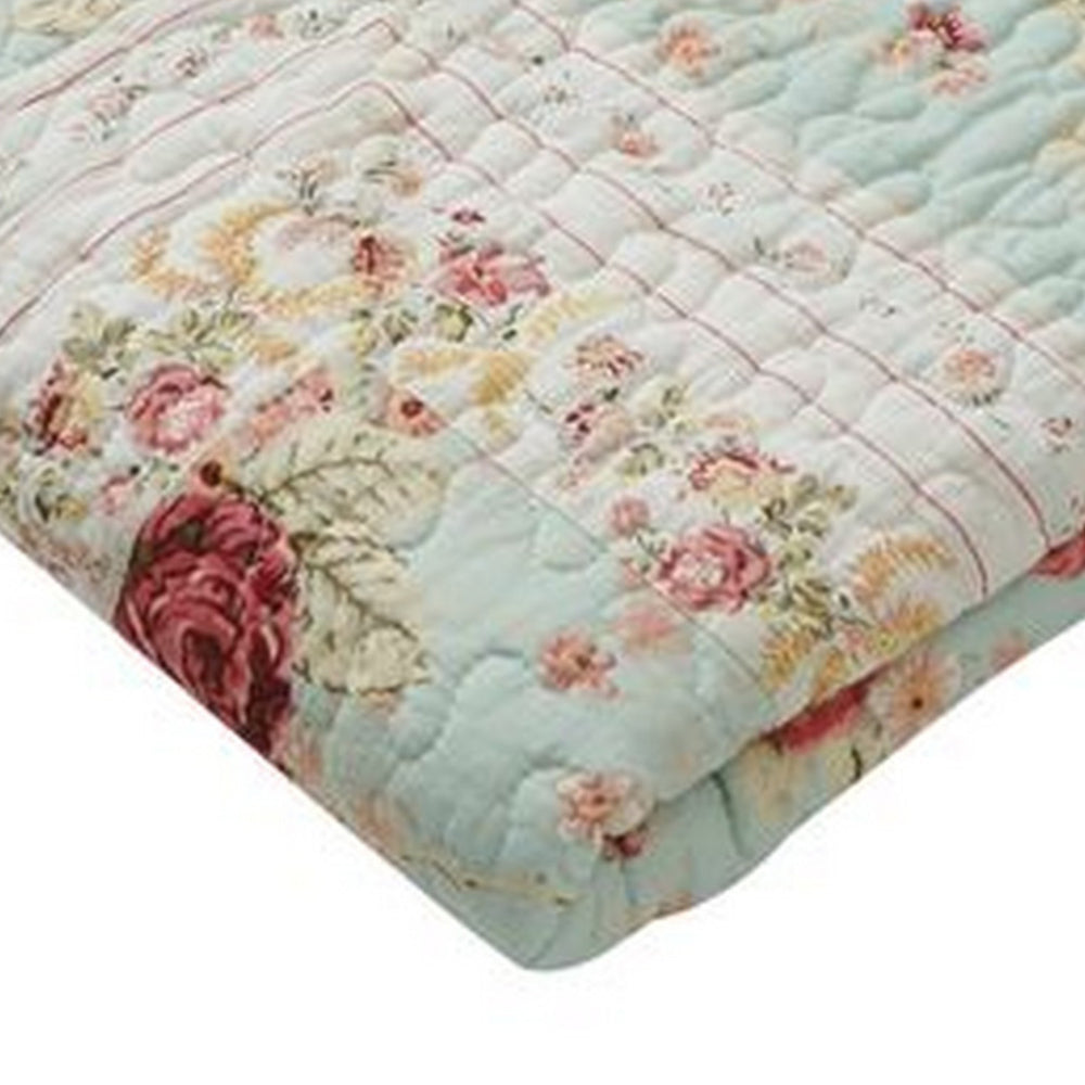 Benjara Rosle 50 x 60 Quilted Throw Blanket with Fill, Rose Flowers, Multicolor