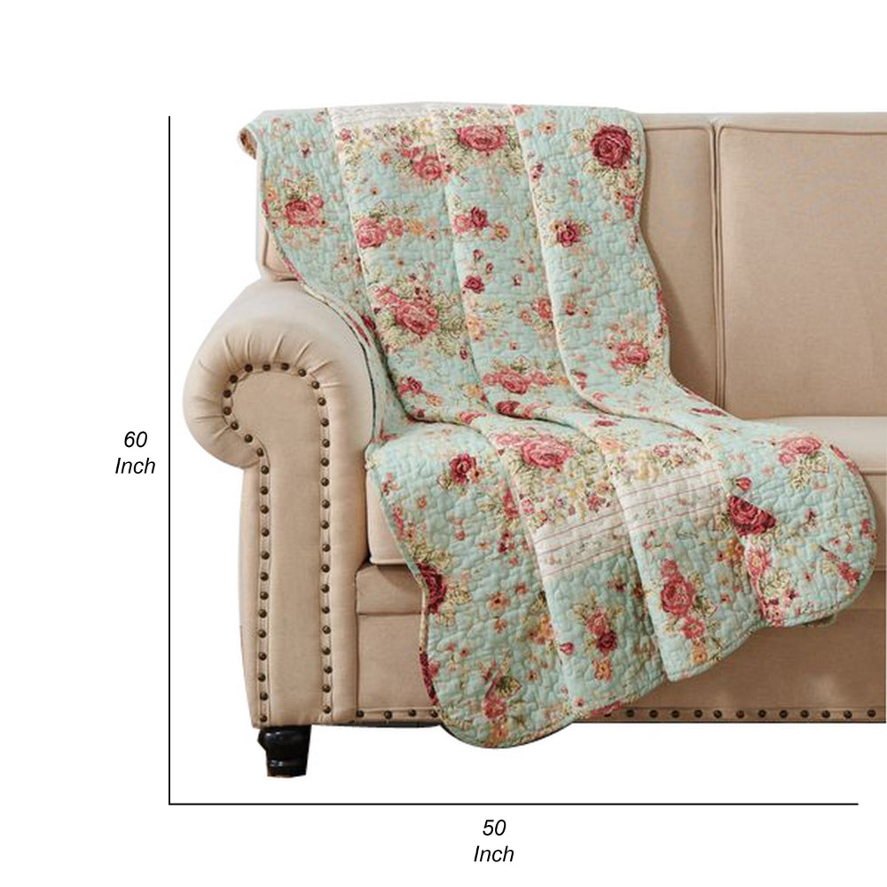 Benjara Rosle 50 x 60 Quilted Throw Blanket with Fill, Rose Flowers, Multicolor