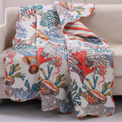 Benjara Wade 50 x 60 Quilted Throw Blanket with Fill, Corals And Seashells Design