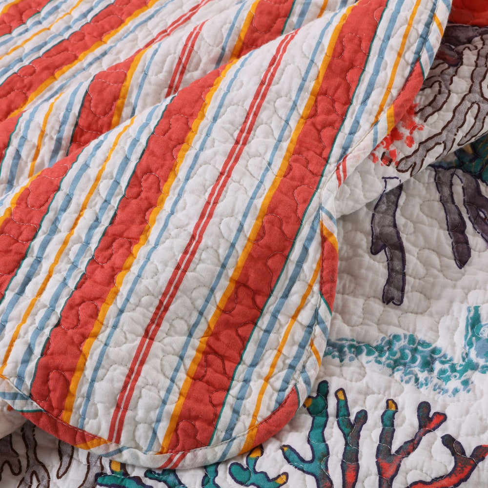 Benjara Wade 50 x 60 Quilted Throw Blanket with Fill, Corals And Seashells Design