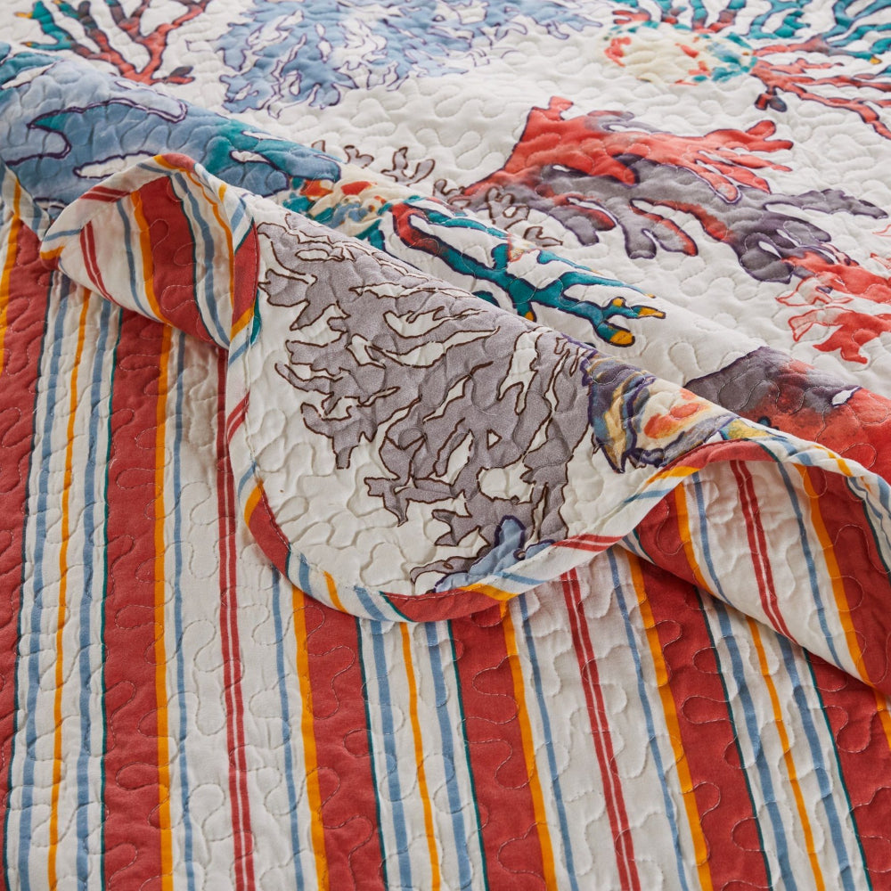 Benjara Wade 50 x 60 Quilted Throw Blanket with Fill, Corals And Seashells Design