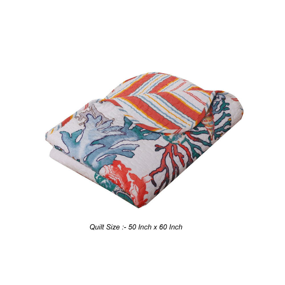 Benjara Wade 50 x 60 Quilted Throw Blanket with Fill, Corals And Seashells Design