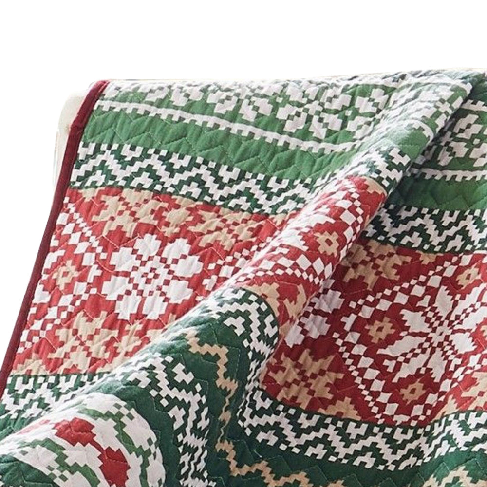 Benjara Live 50 x 60 Quilted Throw Blanket, Dutch Velvet, Winter Print, Green, Red