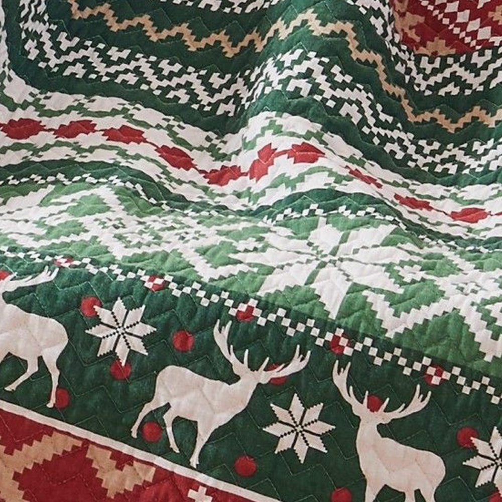 Benjara Live 50 x 60 Quilted Throw Blanket, Dutch Velvet, Winter Print, Green, Red