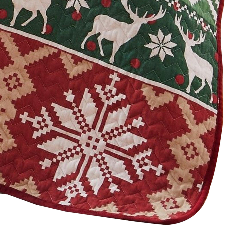 Benjara Live 50 x 60 Quilted Throw Blanket, Dutch Velvet, Winter Print, Green, Red