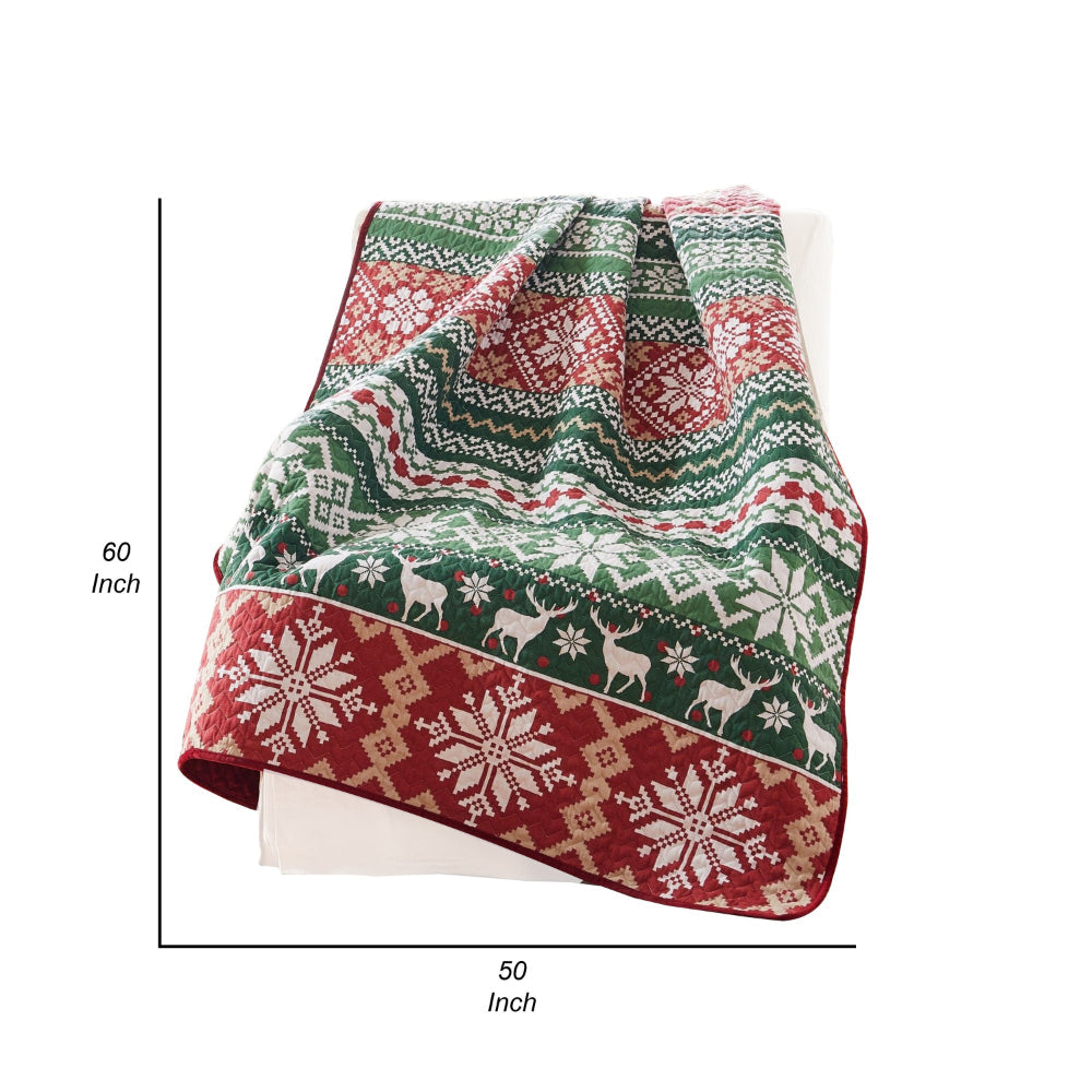 Benjara Live 50 x 60 Quilted Throw Blanket, Dutch Velvet, Winter Print, Green, Red