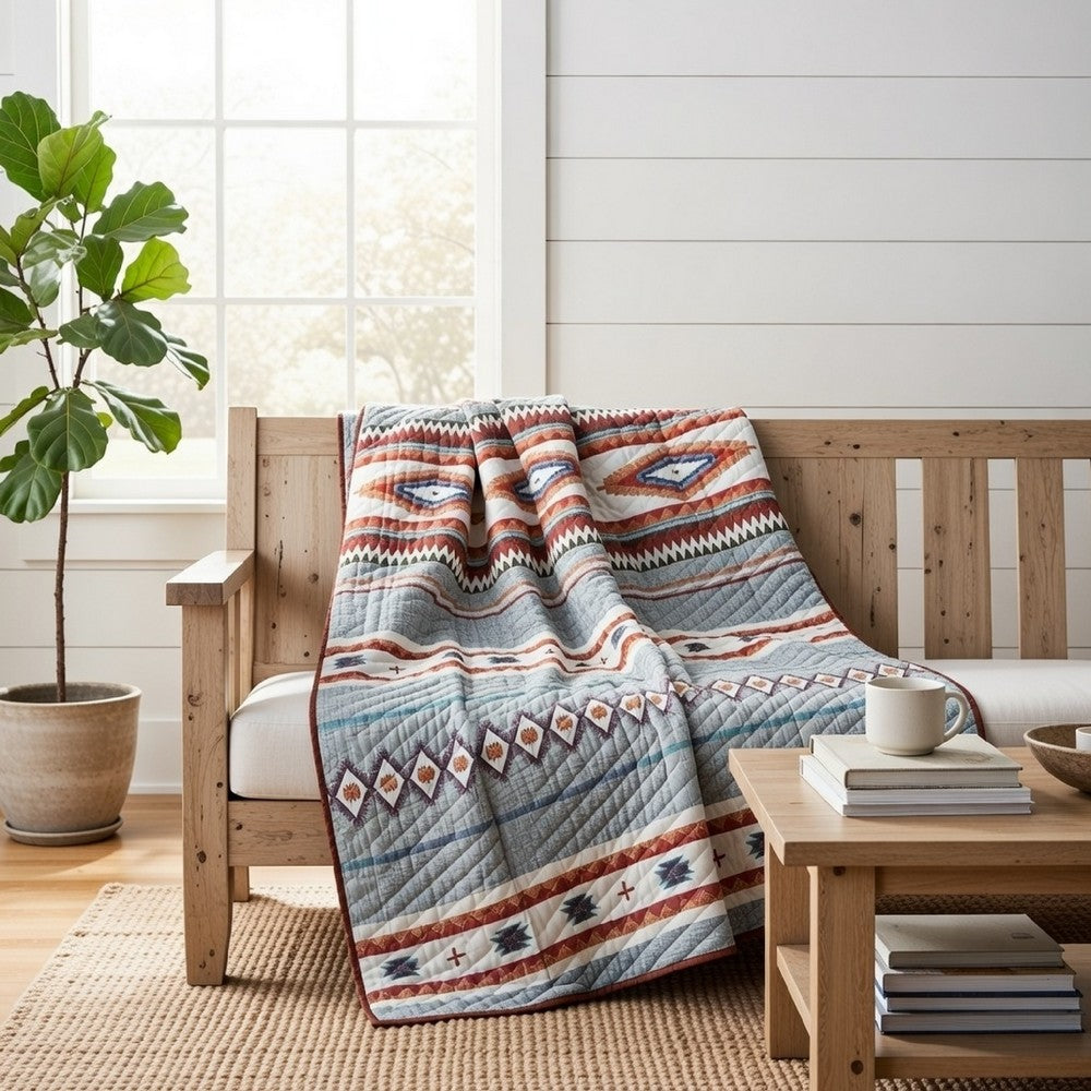 Benjara Pimi 50 x 60 Quilted Throw Blanket, Polyester Fill, Southwest Boho Style