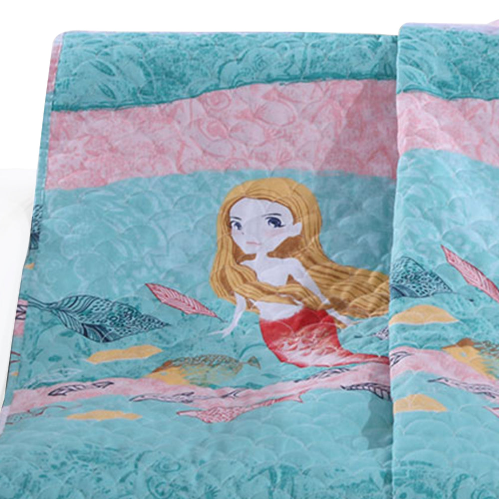 Benjara Wini 50 x 60 Inch Quilted Throw Blanket with Fill, Mermaid, Blue, Pink