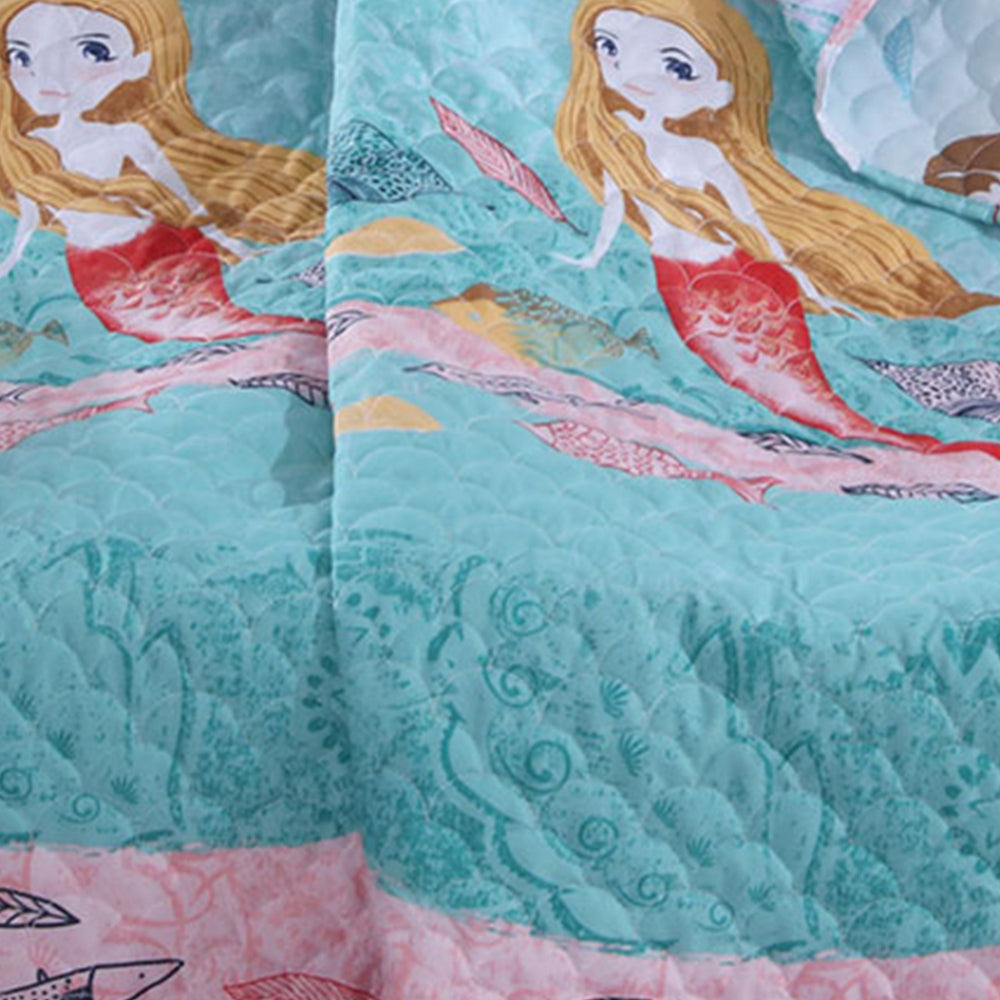 Benjara Wini 50 x 60 Inch Quilted Throw Blanket with Fill, Mermaid, Blue, Pink
