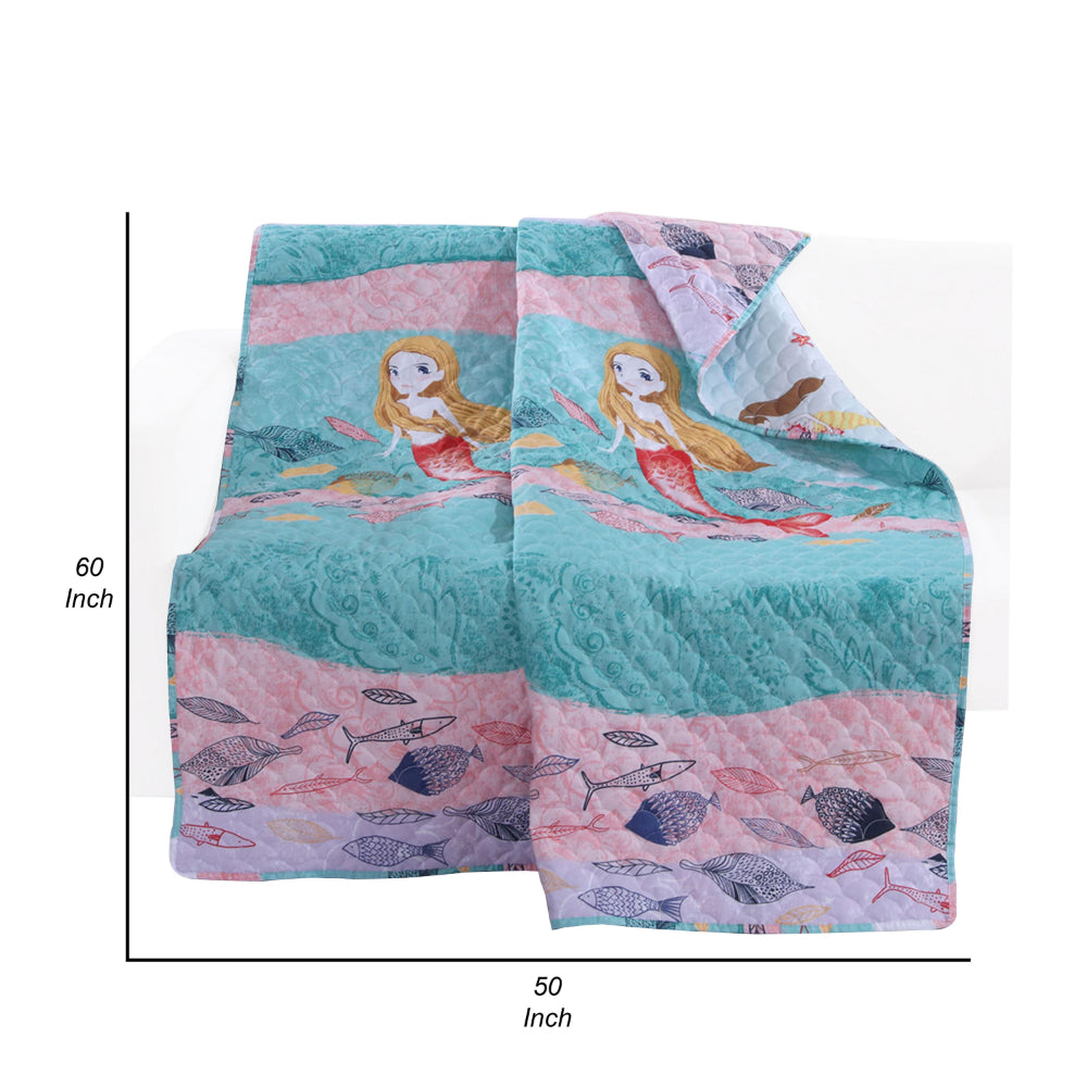 Benjara Wini 50 x 60 Inch Quilted Throw Blanket with Fill, Mermaid, Blue, Pink
