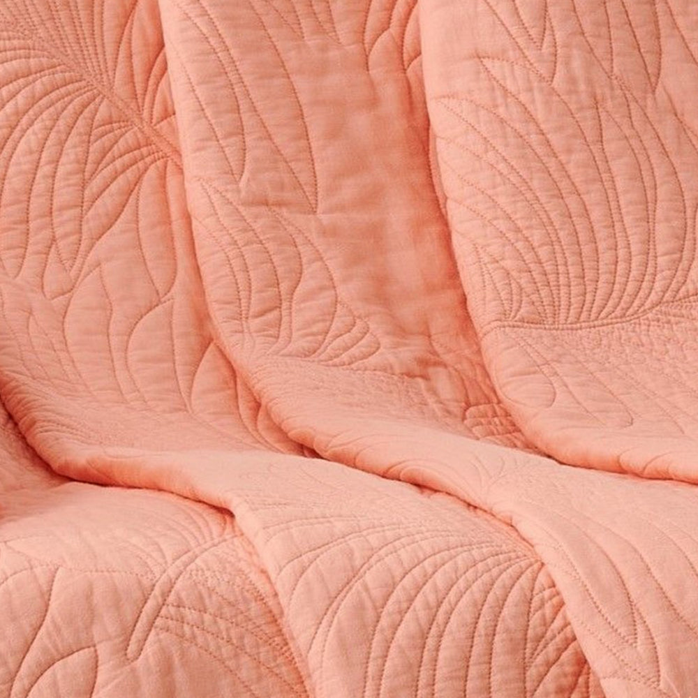 Benjara Xumi 50 x 60 Inch Quilted Throw Blanket, Frond Quilting, Coral Pink Cotton