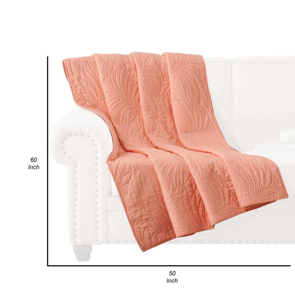 Benjara Xumi 50 x 60 Inch Quilted Throw Blanket, Frond Quilting, Coral Pink Cotton