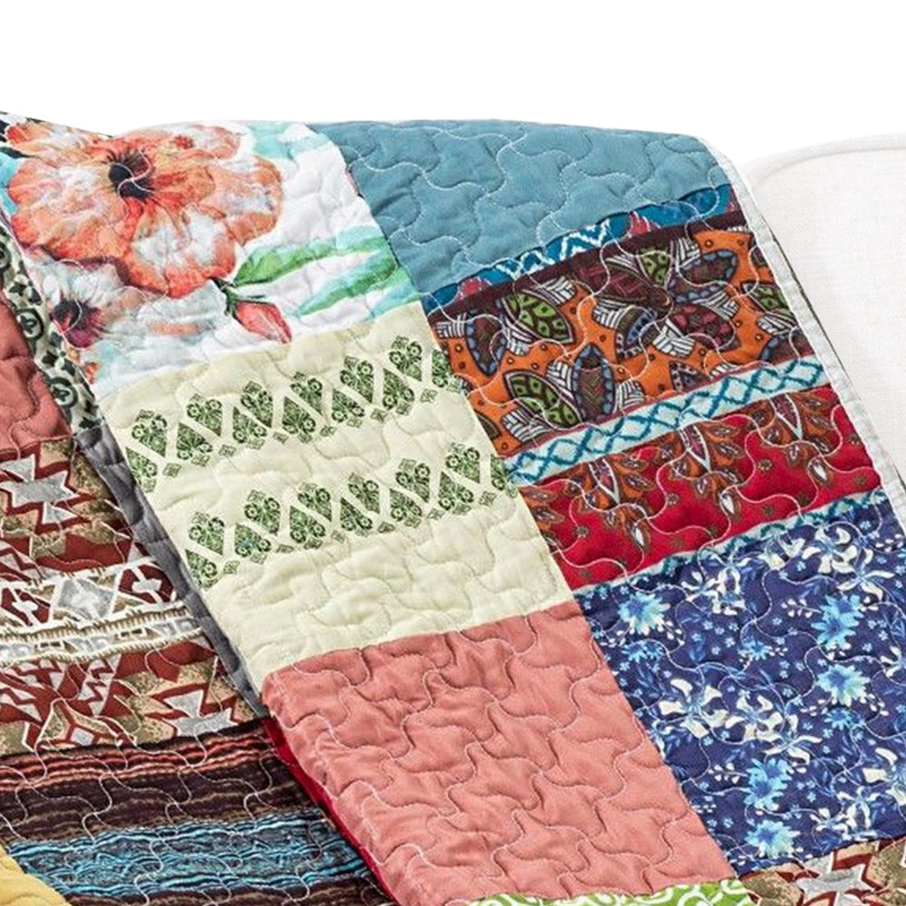 Benjara Lily 50 x 60 Inch Quilted Patchwork Throw Blanket, Multicolor Cotton Strips
