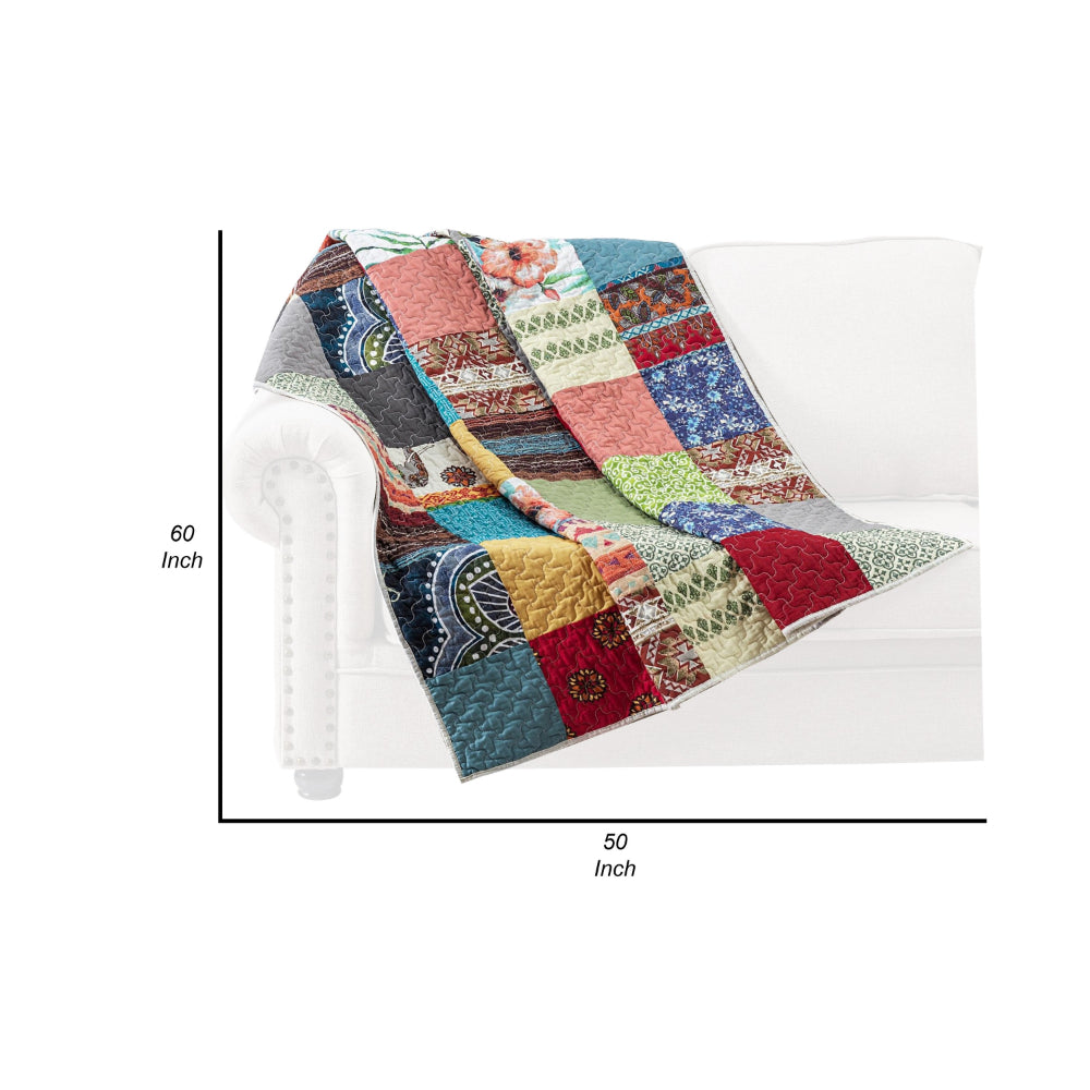 Benjara Lily 50 x 60 Inch Quilted Patchwork Throw Blanket, Multicolor Cotton Strips