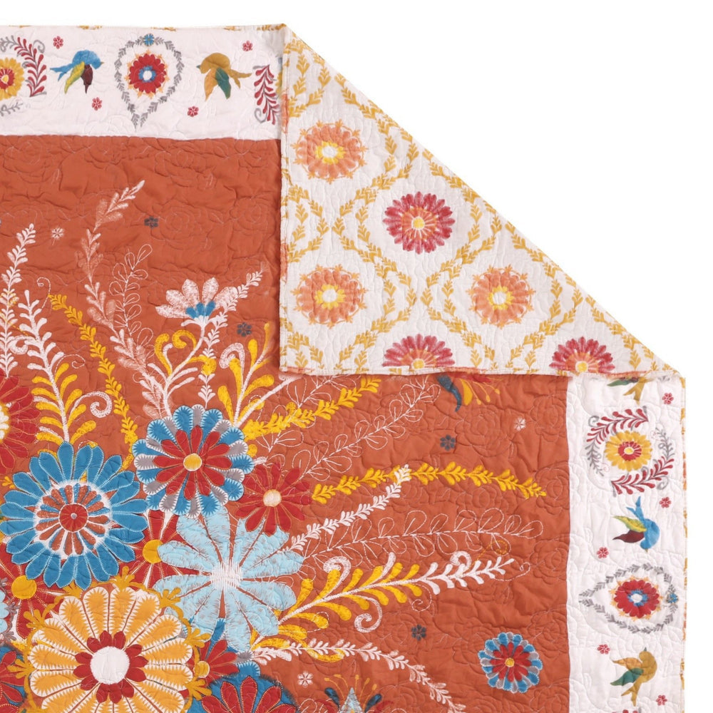 Benjara 50 x 60 Inch Quilted Throw Blanket with Fill, Floral Print, Multicolor