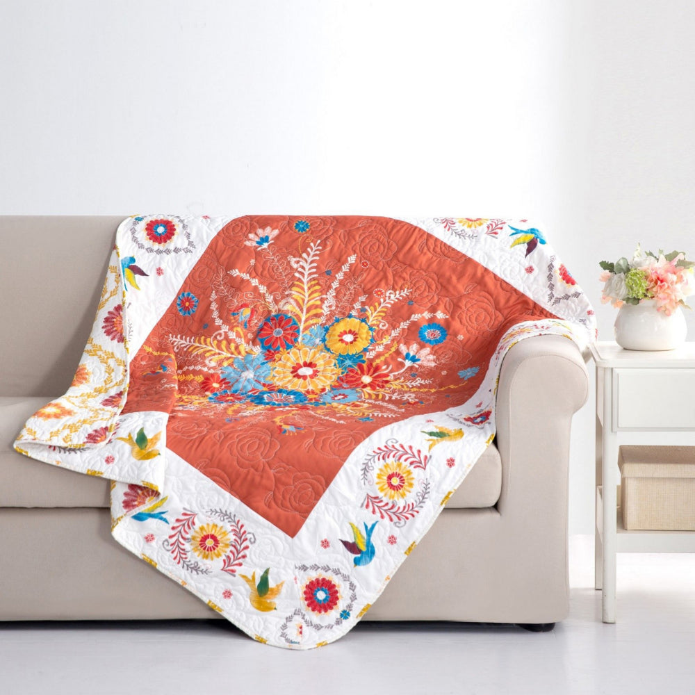 Benjara 50 x 60 Inch Quilted Throw Blanket with Fill, Floral Print, Multicolor