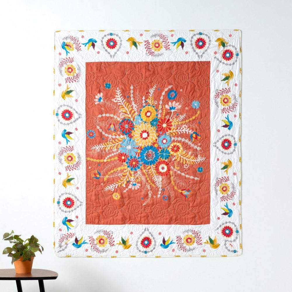 Benjara 50 x 60 Inch Quilted Throw Blanket with Fill, Floral Print, Multicolor