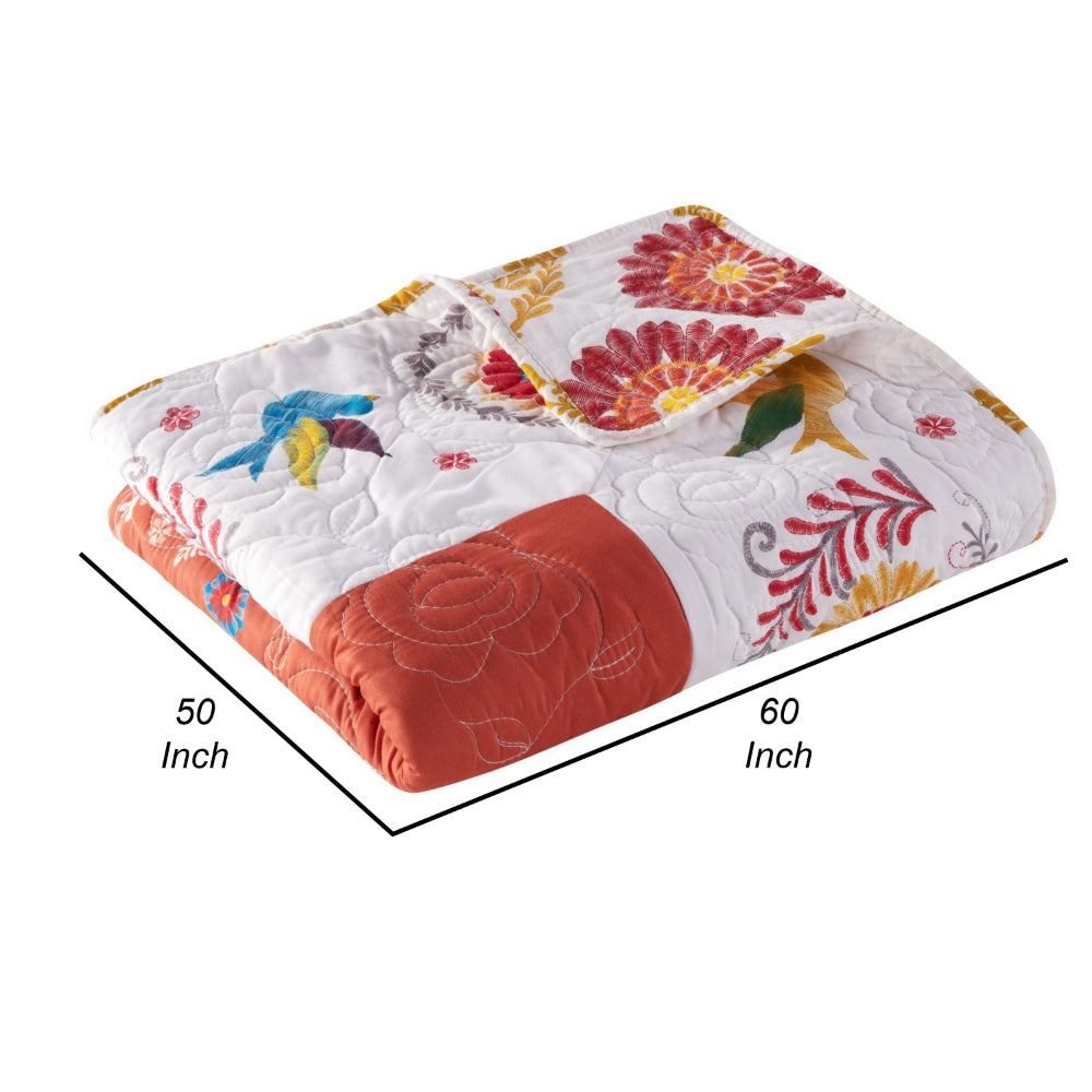 Benjara 50 x 60 Inch Quilted Throw Blanket with Fill, Floral Print, Multicolor