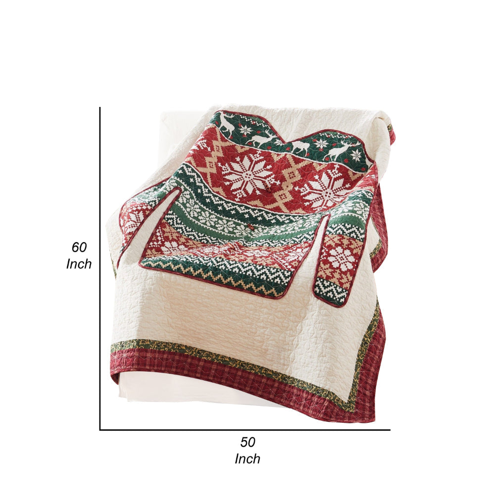 Benjara 50 x 60 Inch Cotton Quilted Throw Blanket, Christmas Sweater Print, Red